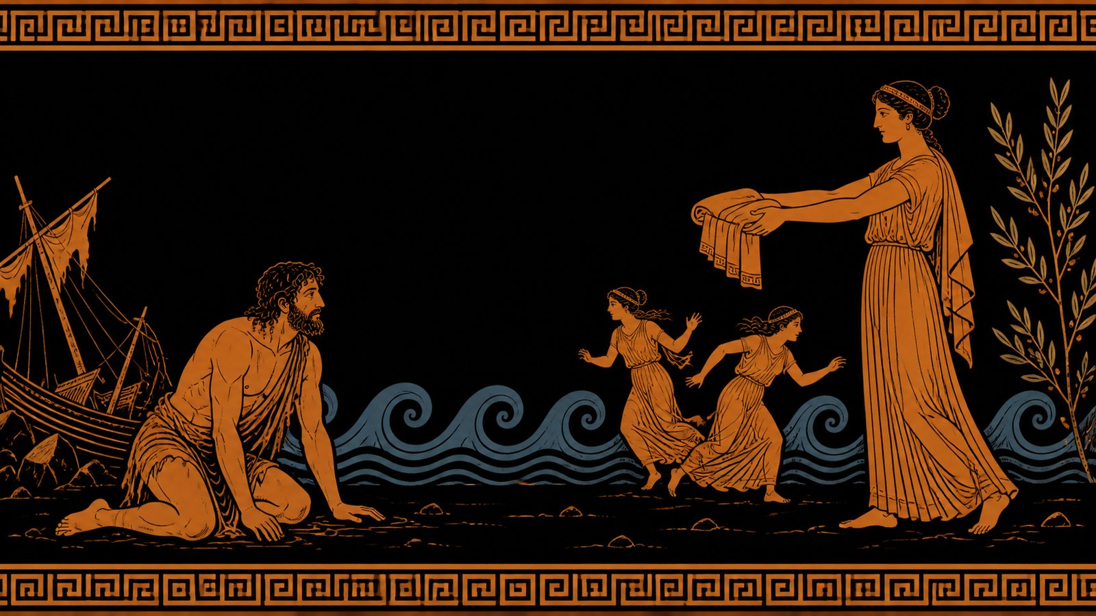 Ulysse échoué, agenouillé devant la princesse Nausicaa qui lui tend un vêtement, peinture à figures rouges